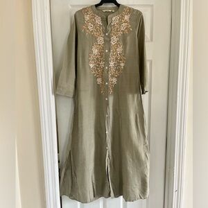 Vark Embroidered boho casual feminine modest dress in Green and Gold XS